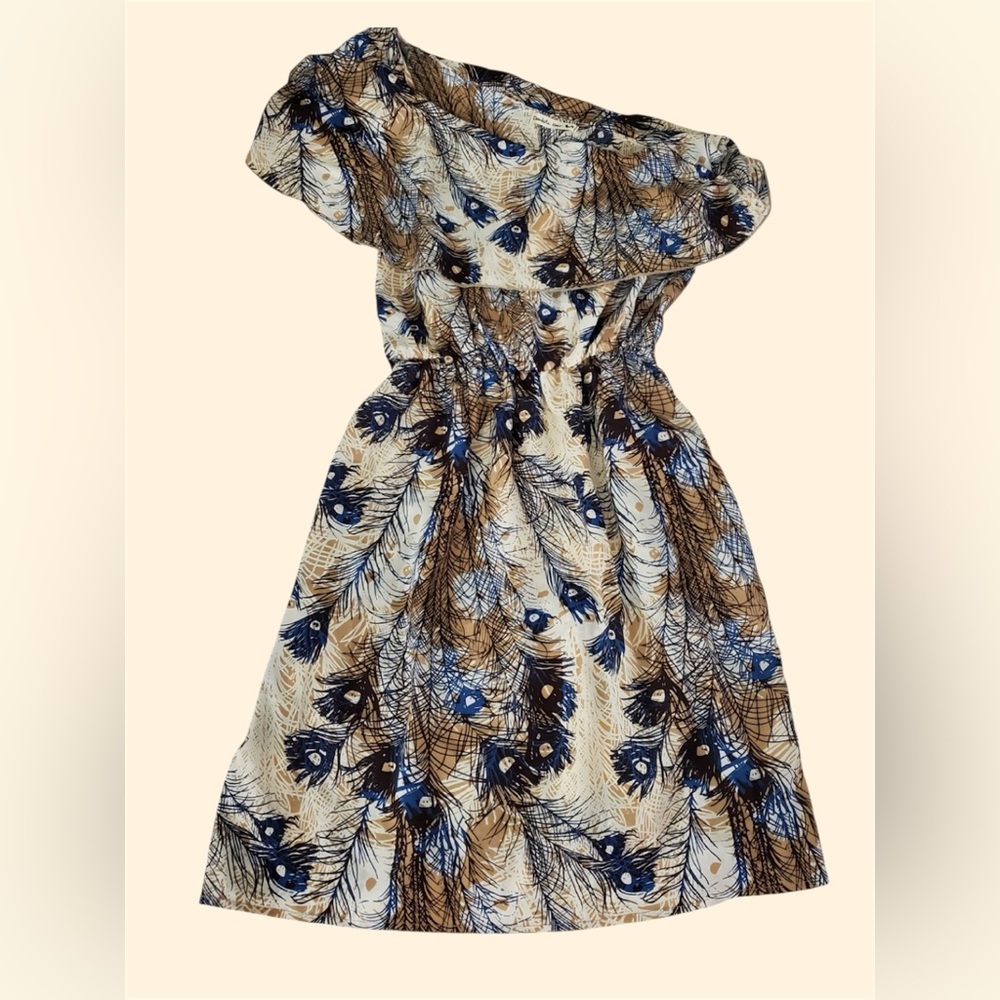 Double Zero One-Shoulder Peacock Feather-Print Dress in Beige and Blue Sz S